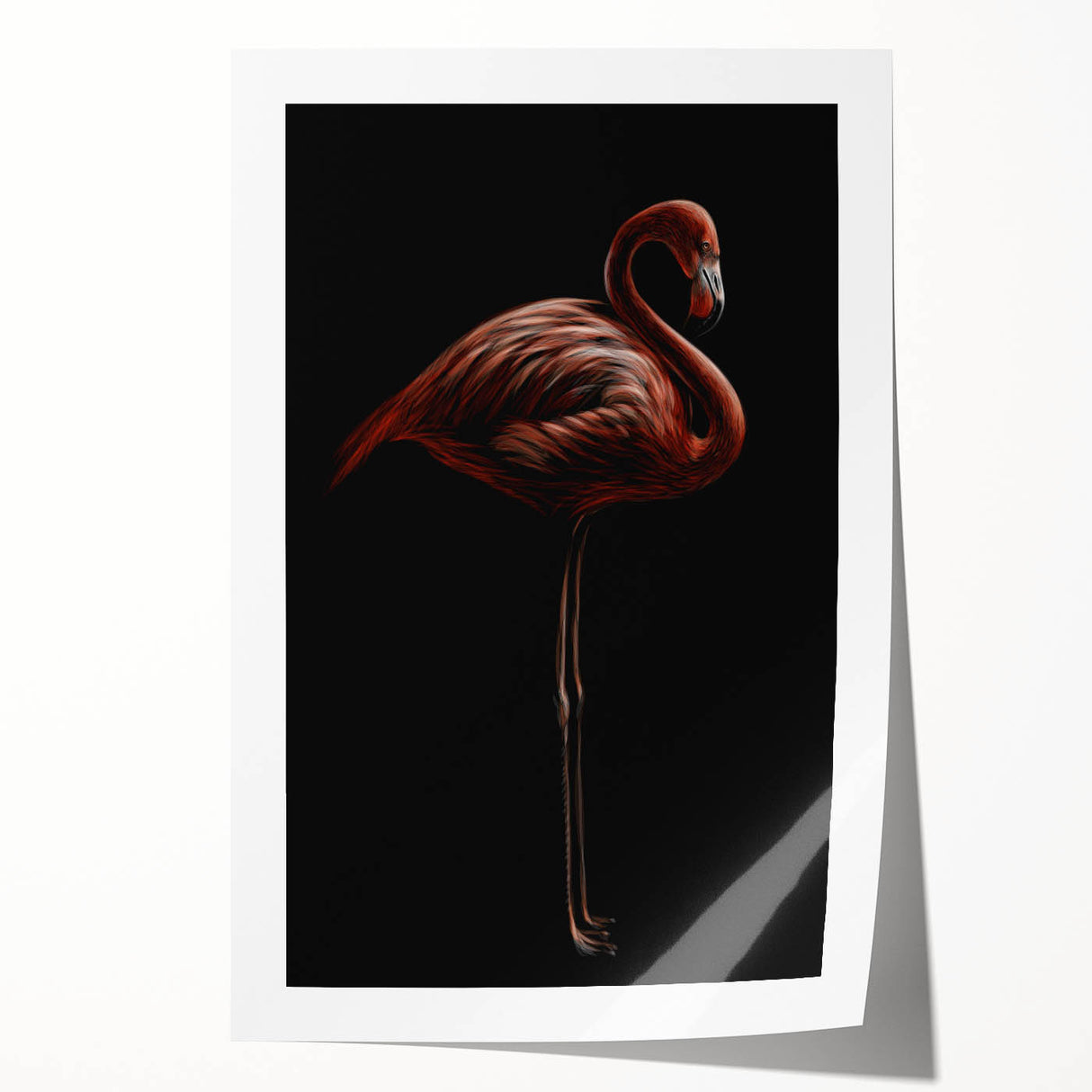 Vibrant flamingo design wall art print showcasing tropical colors, ideal for home decor, neatly rolled and ready for framing, enhancing any living space.