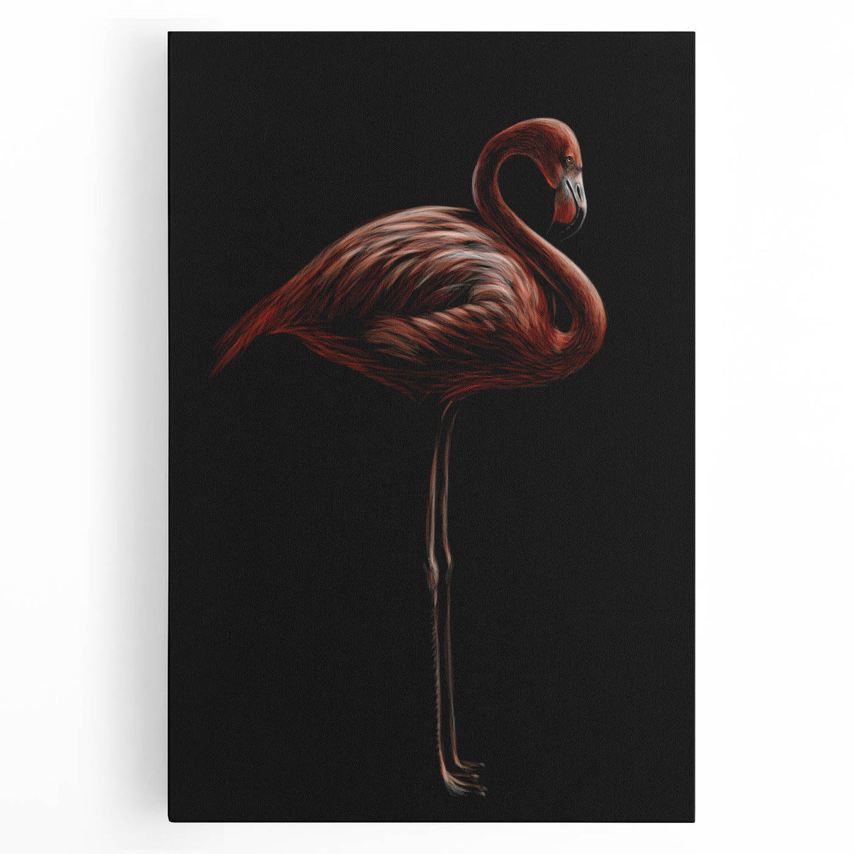 Vibrant flamingo wall art on stretched canvas, showcasing a tropical design with vivid pink hues and elegant details, perfect for home decor accents.