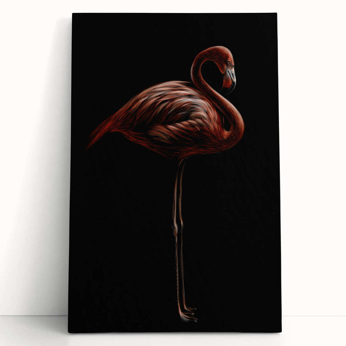 Stretched canvas wall art featuring a vibrant flamingo design, showcasing shades of pink and green against a neutral background, perfect for tropical-themed decor.