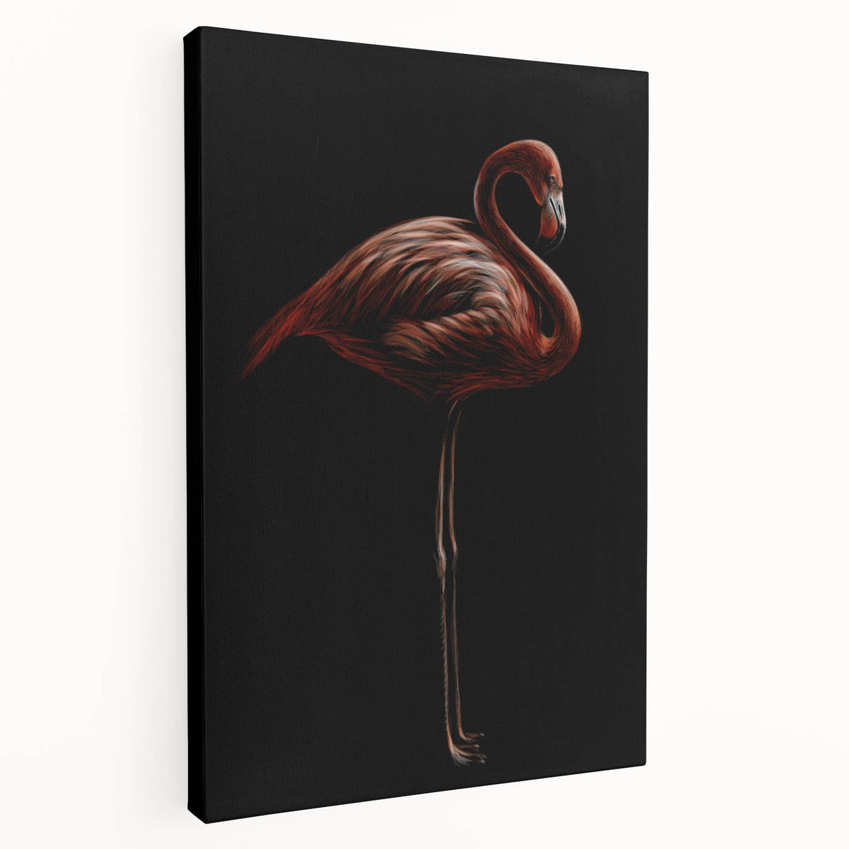 Stretched canvas featuring a vibrant flamingo design in pink and orange hues, ideal for modern decor, showcased from a side view with a sleek frame.