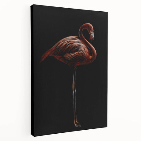 Stretched canvas featuring a vibrant flamingo design in pink and orange hues, ideal for modern decor, showcased from a side view with a sleek frame.
