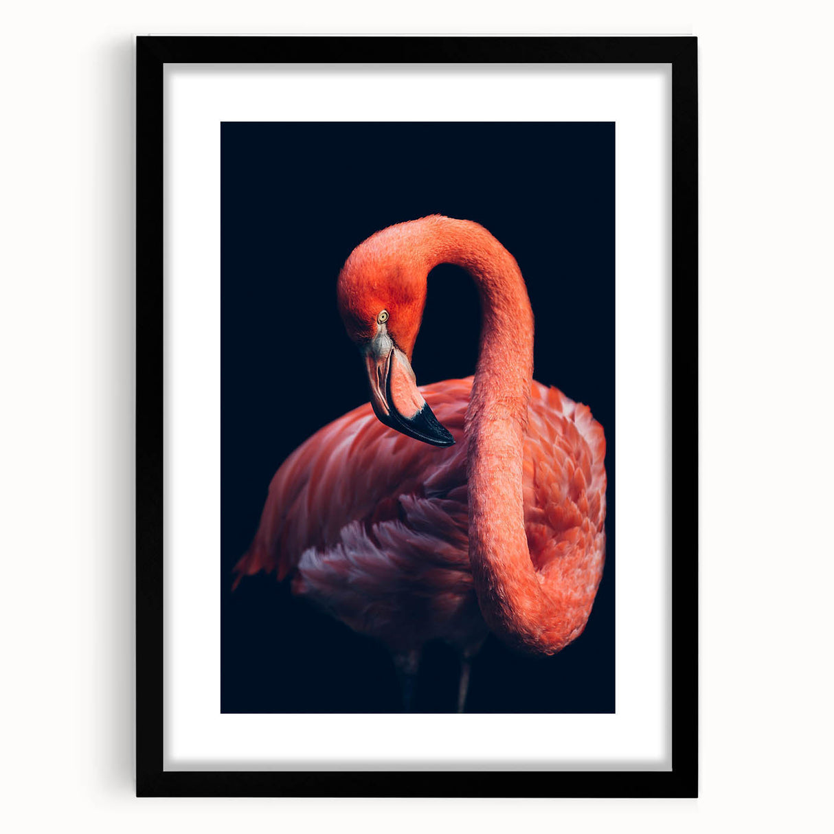 Framed wall art featuring a vibrant flamingo design in pink and green hues, showcased with a sleek black frame and white mat, perfect for modern decor.