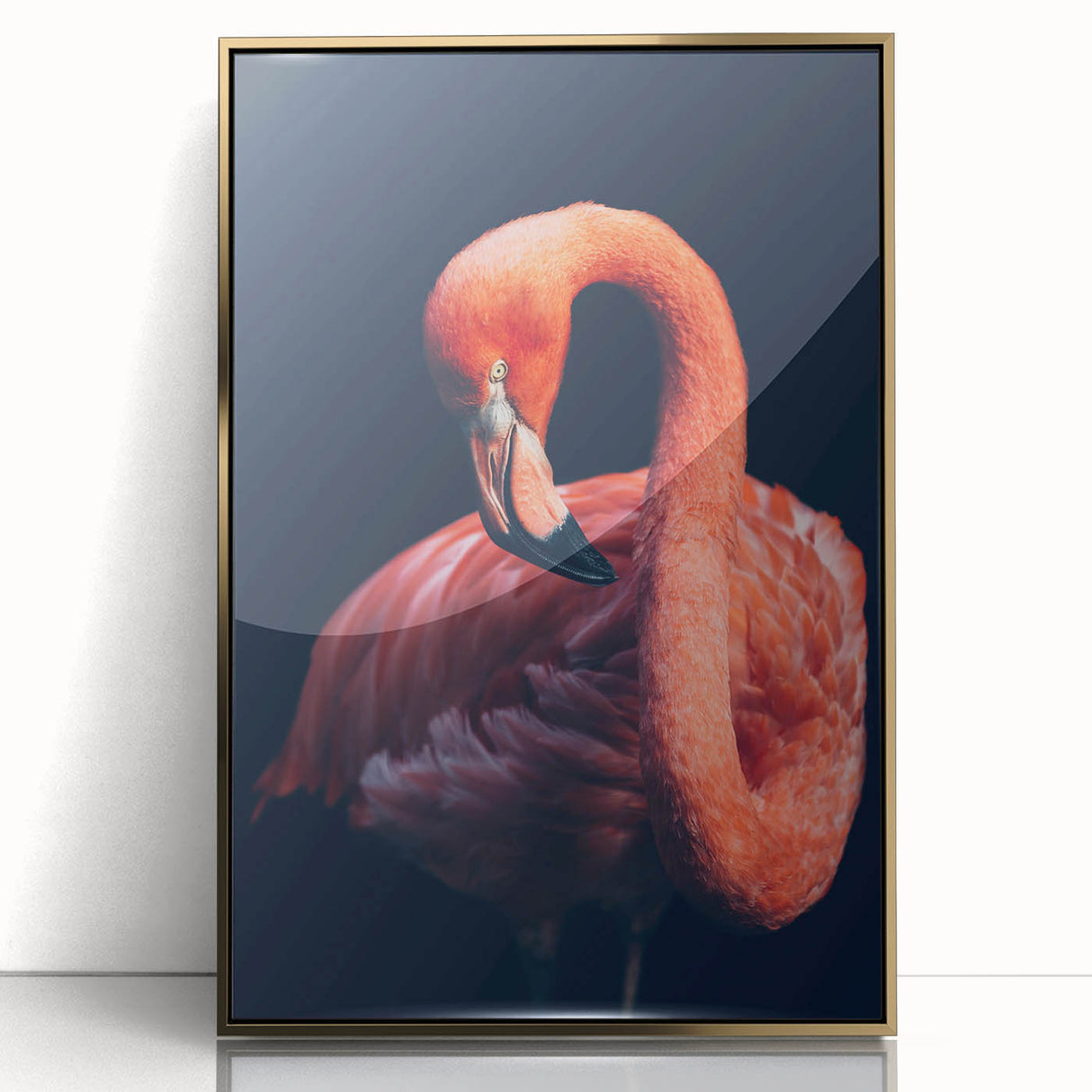Framed wall art featuring a vibrant flamingo design with gold accents, ideal for modern decor. The acrylic front enhances visual depth and elegance.
