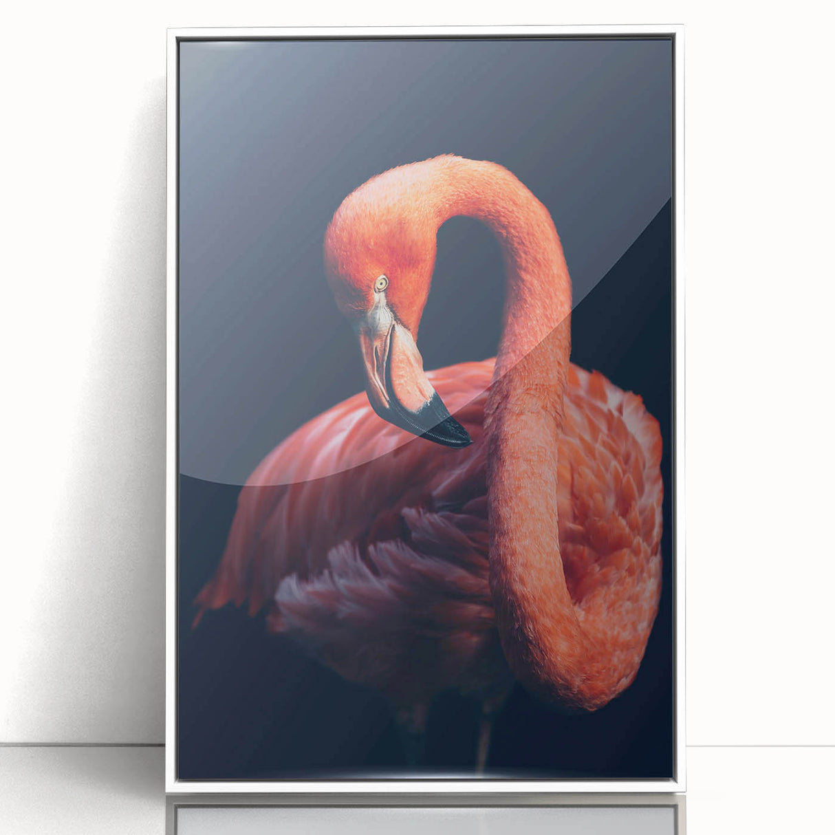Framed wall art featuring a vibrant flamingo design in a modern acrylic frame, showcasing delicate pink hues and intricate details, ideal for contemporary decor.