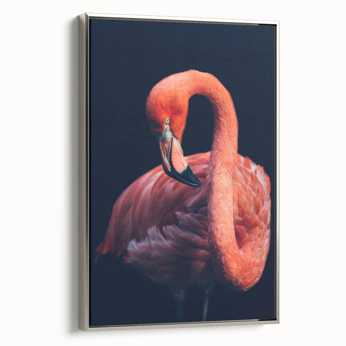 Framed wall art featuring a vibrant flamingo design, showcasing shades of pink and green with a sleek silver frame, ideal for modern home decor.