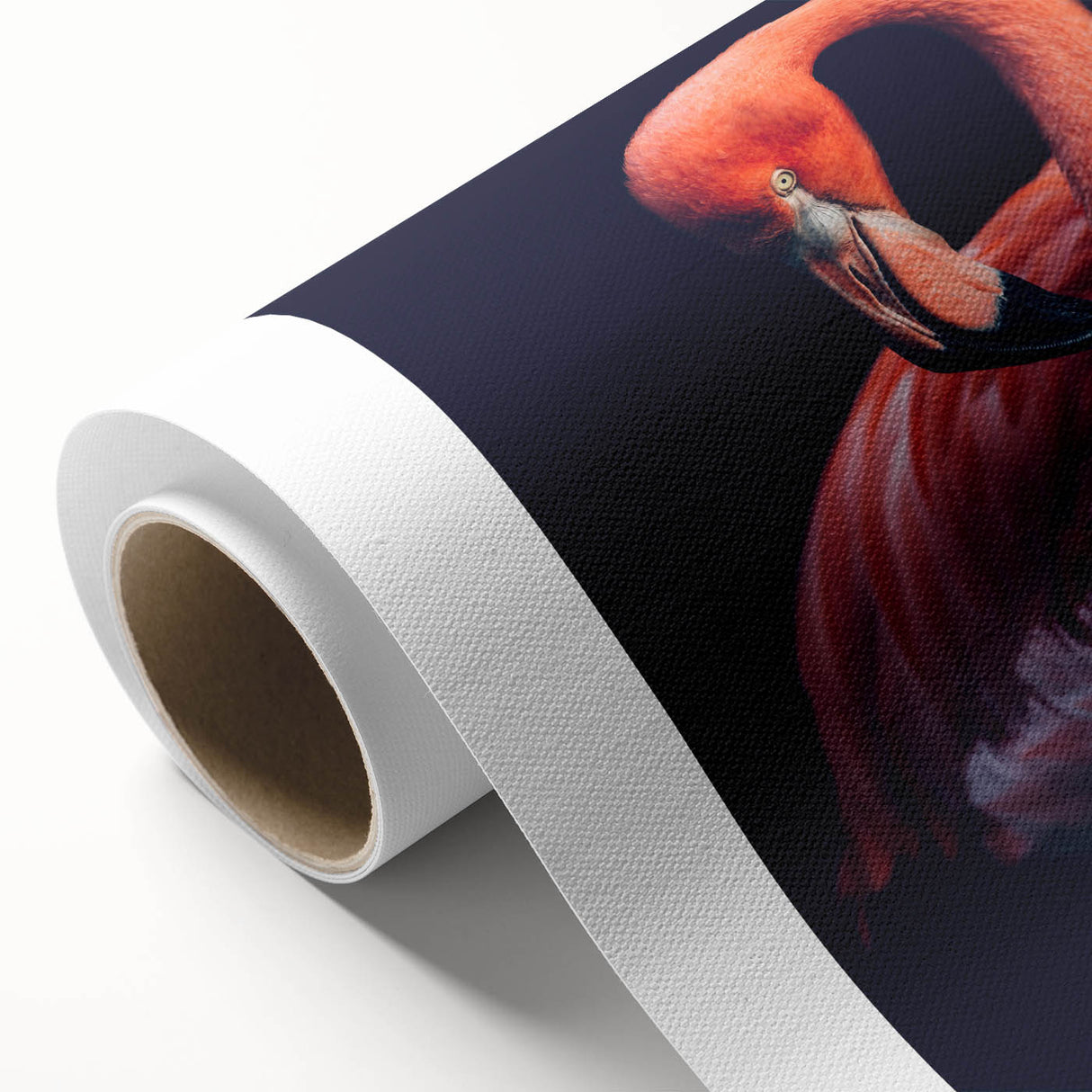 Colorful rolled canvas artwork showcasing a vibrant flamingo design with tropical foliage, perfect for enhancing home decor. Ideal for bird lovers and nature enthusiasts.