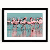 Framed wall art featuring a vibrant flamingo design in pink and black, complemented by a sleek black frame with a white mat, perfect for modern decor.
