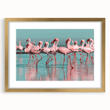 Framed wall art featuring a vibrant flamingo design with gold accents, elegantly matted for a stylish look, perfect for enhancing modern home decor.