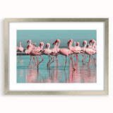 Framed wall art showcasing a vibrant flamingo design in a silver frame with a mat, perfect for enhancing modern home decor and adding a tropical touch.