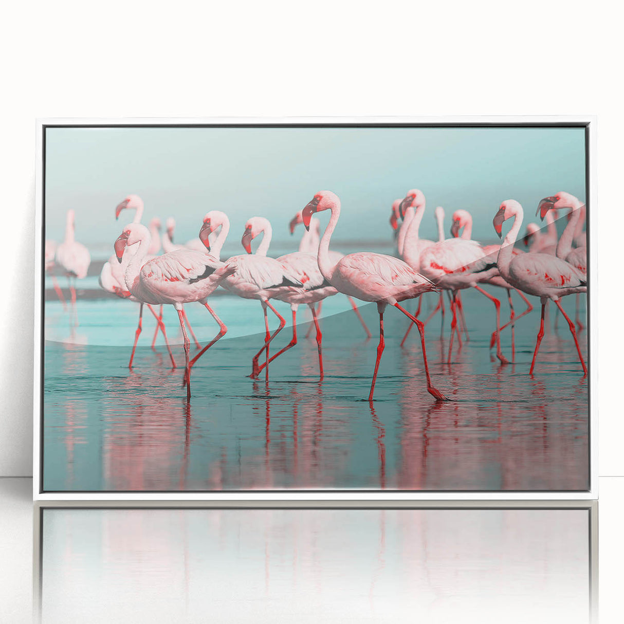 Framed acrylic wall art featuring a vibrant flamingo design, showcasing a white frame and a modern aesthetic, perfect for brightening up living spaces.