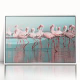 Framed acrylic wall art featuring a vibrant flamingo design, showcasing a white frame and a modern aesthetic, perfect for brightening up living spaces.