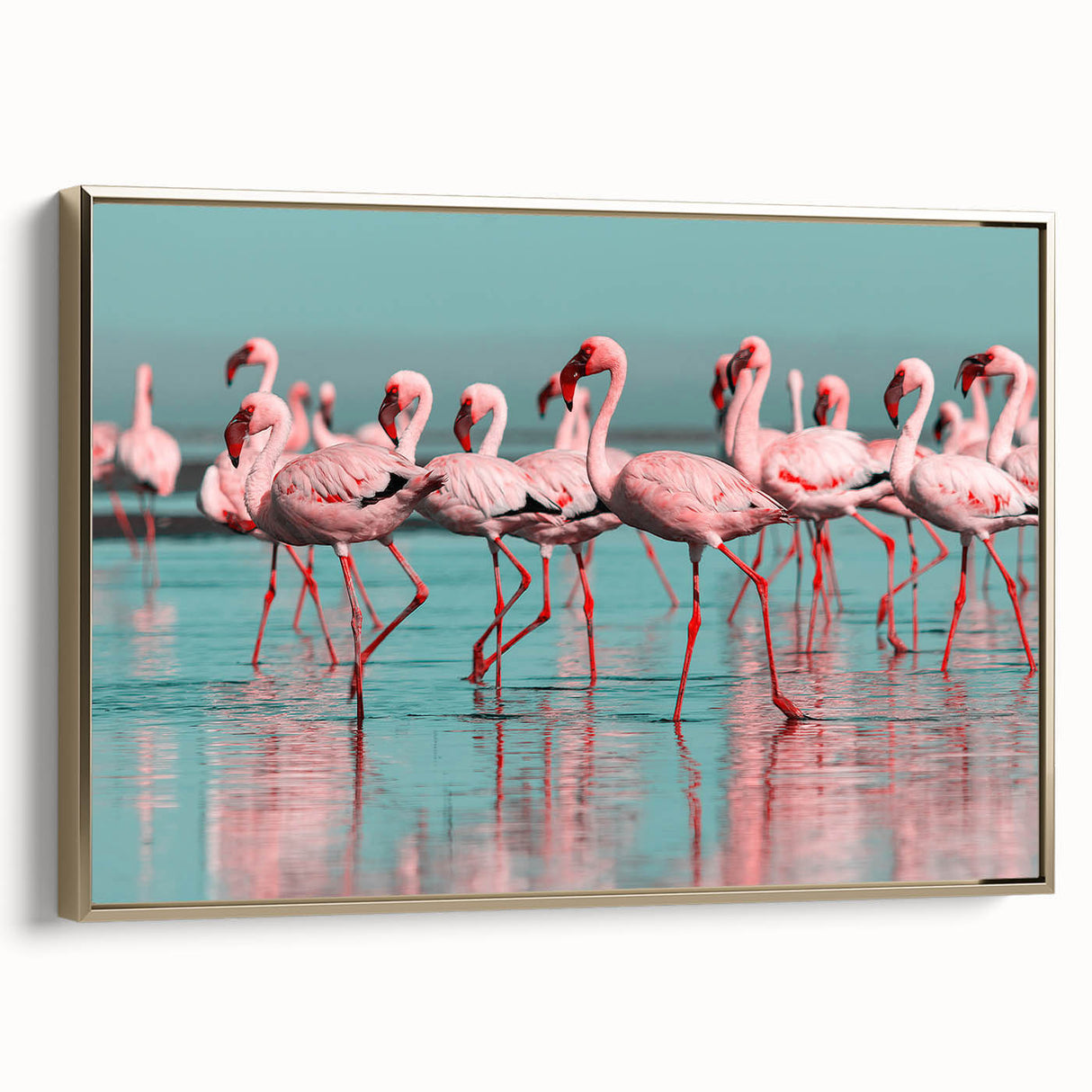 Framed canvas wall art featuring a beautifully designed flamingo motif in vibrant pink and gold hues, showcasing elegant side view details and modern decor style.