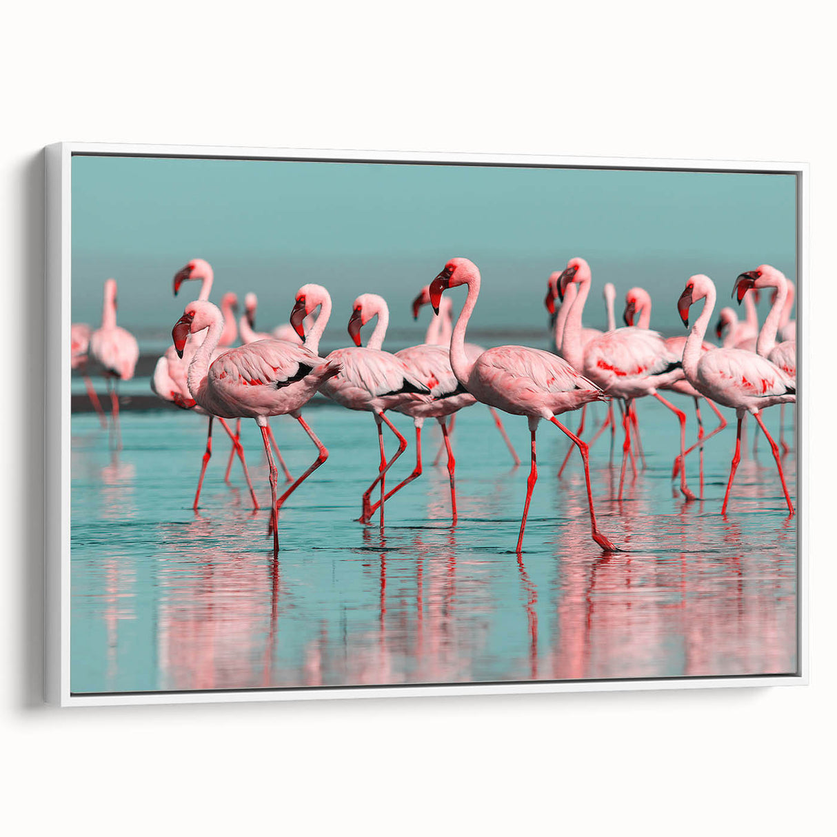 Framed wall art featuring a vibrant flamingo design on a white background, showcasing detailed brushstrokes and elegant colors, ideal for modern home decor.