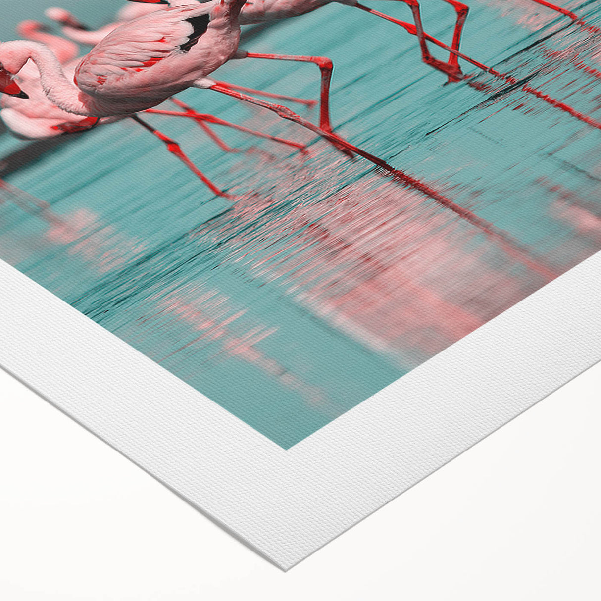 Colorful flamingo wall art design on rolled canvas, showcasing vibrant pink and green hues, perfect for tropical-themed decor and enhancing any living space.