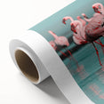 Flamingo wall art design on rolled canvas, showcasing vibrant pink and green colors, perfect for tropical-themed decor. Packaged securely in a cardboard tube for delivery.