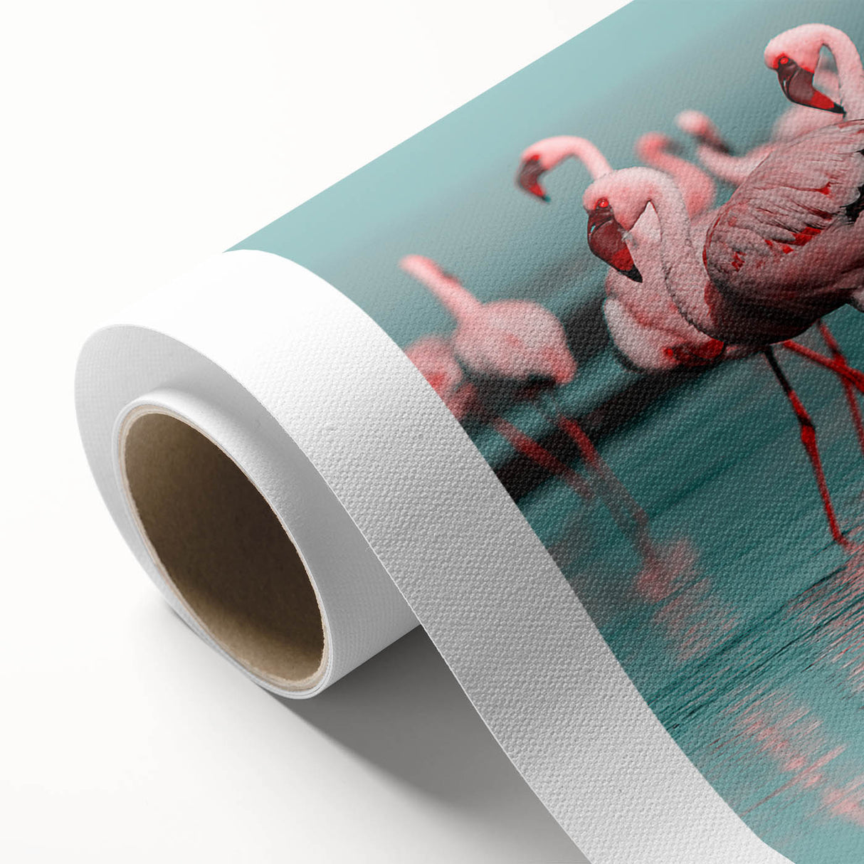 Flamingo wall art design on rolled canvas, showcasing vibrant pink and green colors, perfect for tropical-themed decor. Packaged securely in a cardboard tube for delivery.