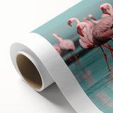 Flamingo wall art design on rolled canvas, showcasing vibrant pink and green colors, perfect for tropical-themed decor. Packaged securely in a cardboard tube for delivery.