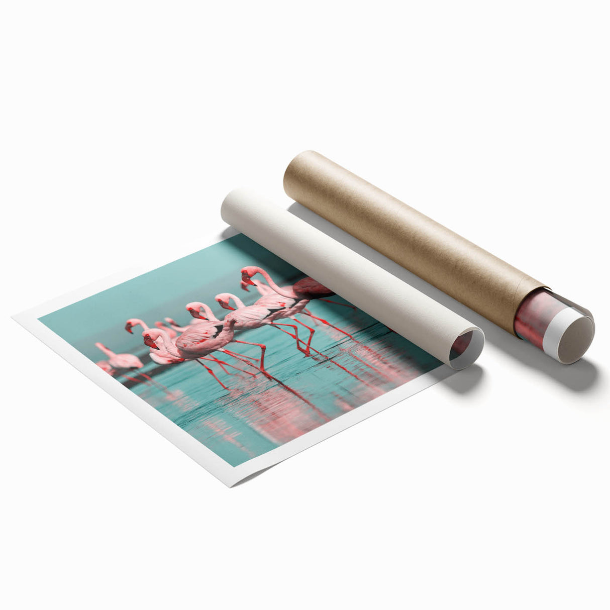 Flamingo-themed wall art collection featuring vibrant pink birds against a serene blue background, rolled and ready for framing, perfect for adding a tropical touch to home decor.