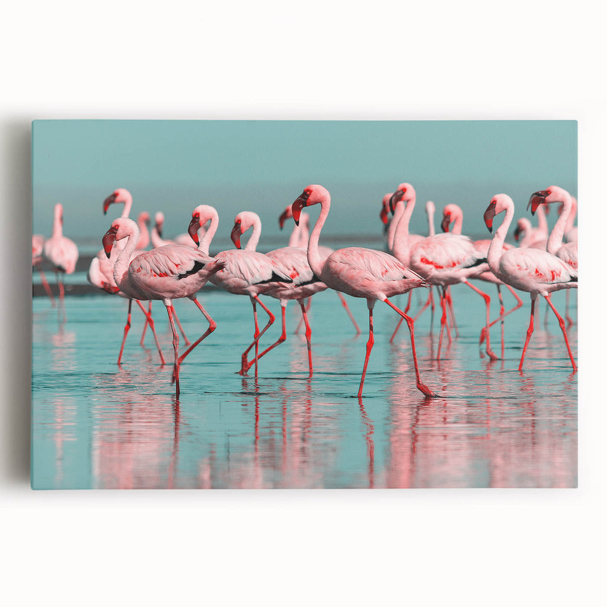 Vibrant flamingo wall art design on stretched canvas, showcasing pink and blue hues, perfect for adding a tropical touch to home decor.