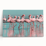 Flamingo-themed wall art on stretched canvas, showcasing vibrant pink and green colors, perfect for tropical decor. Ideal for enhancing living spaces.