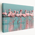 Stretched canvas wall art showcasing a vibrant flamingo design in pink and teal hues, perfect for adding a tropical touch to any space.