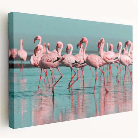 Stretched canvas wall art showcasing a vibrant flamingo design in pink and teal hues, perfect for adding a tropical touch to any space.