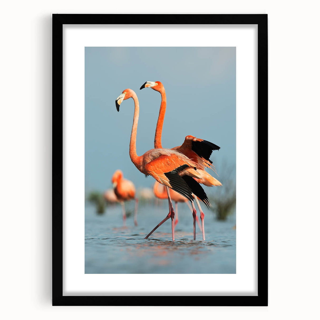Flamingo-themed wall art print featuring vibrant pink and green colors, framed in a sleek black mat, perfect for adding a tropical touch to home decor.