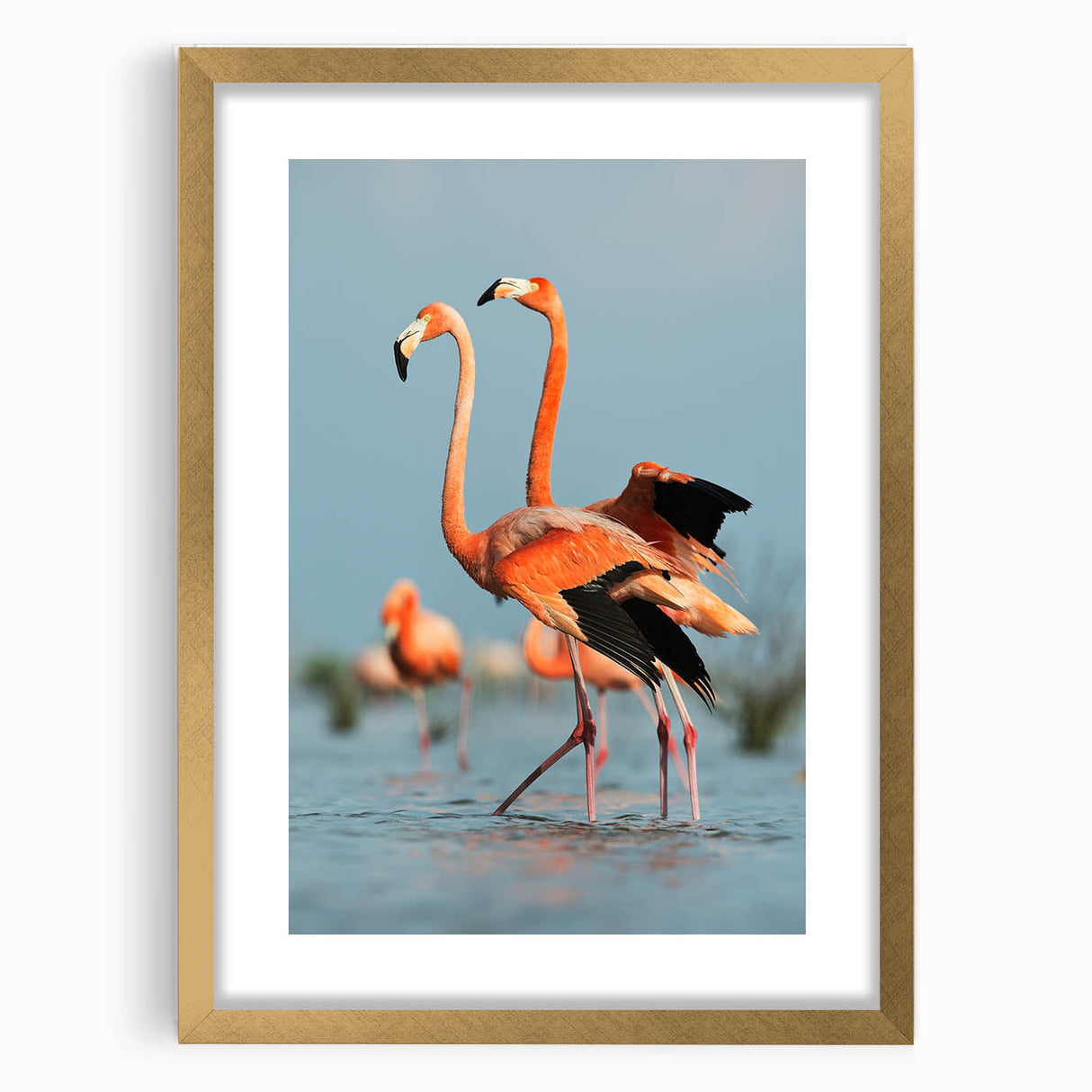 Framed wall art featuring a vibrant flamingo design in soft pink and gold accents, elegantly matted and showcasing a modern aesthetic perfect for home decor.