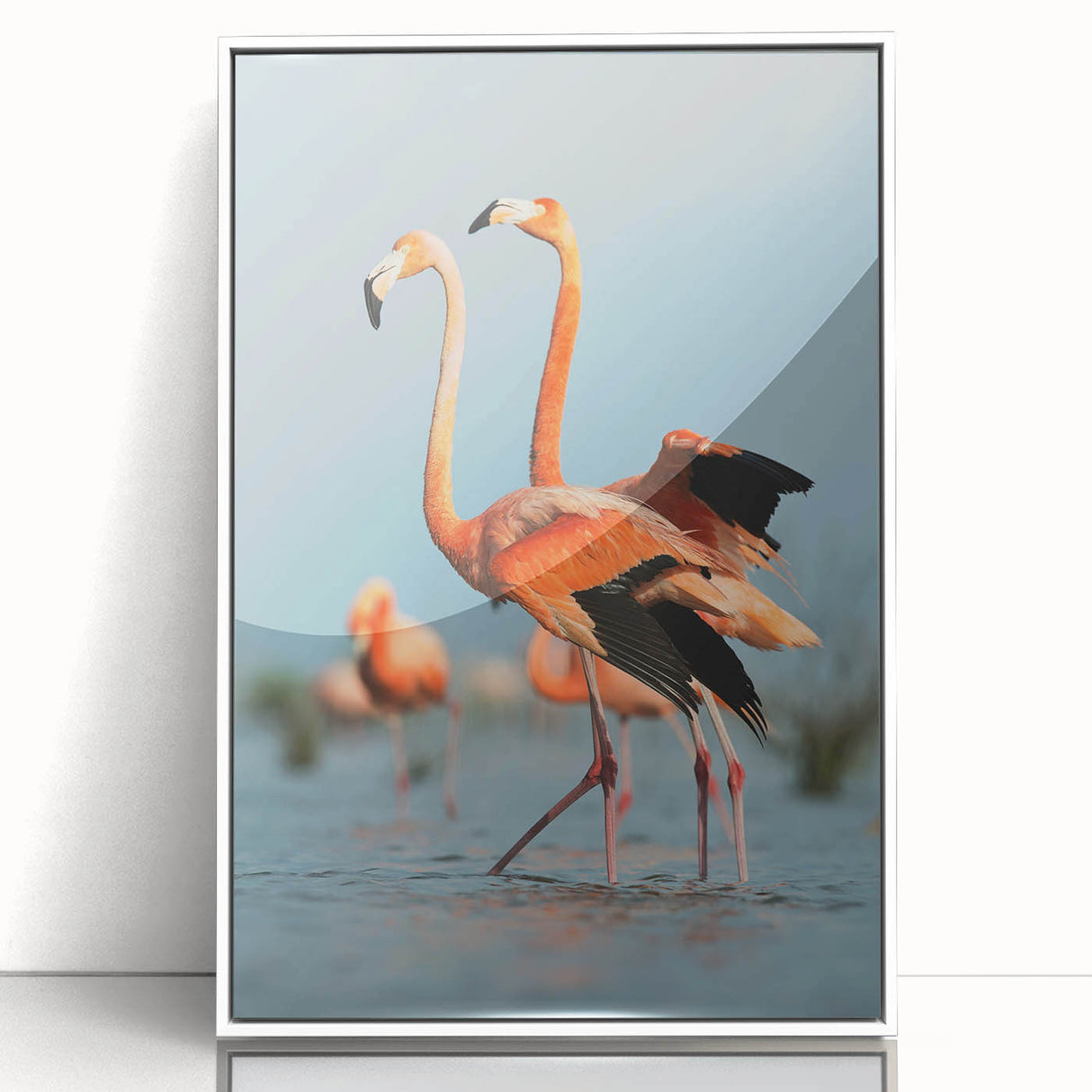 Framed wall art featuring a vibrant flamingo design on acrylic, set against a white background; perfect for modern decor and tropical-themed interiors.