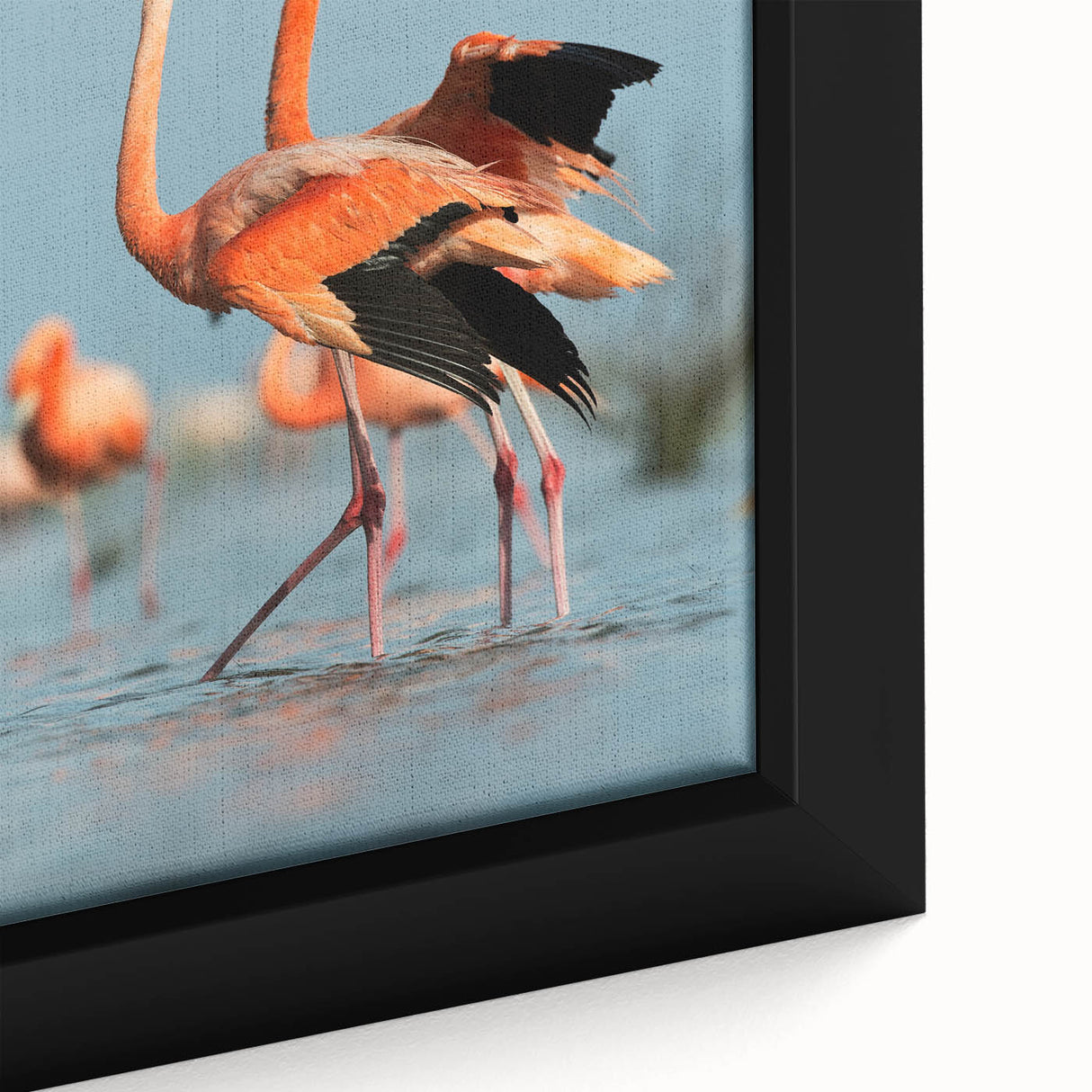 Framed canvas wall art featuring a vibrant flamingo design in pink and teal colors, highlighting intricate details and textures, perfect for adding a tropical touch to home decor.