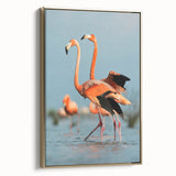 Framed canvas wall art featuring an elegant flamingo design with a gold border, showcasing vibrant colors and intricate details, perfect for modern decor.