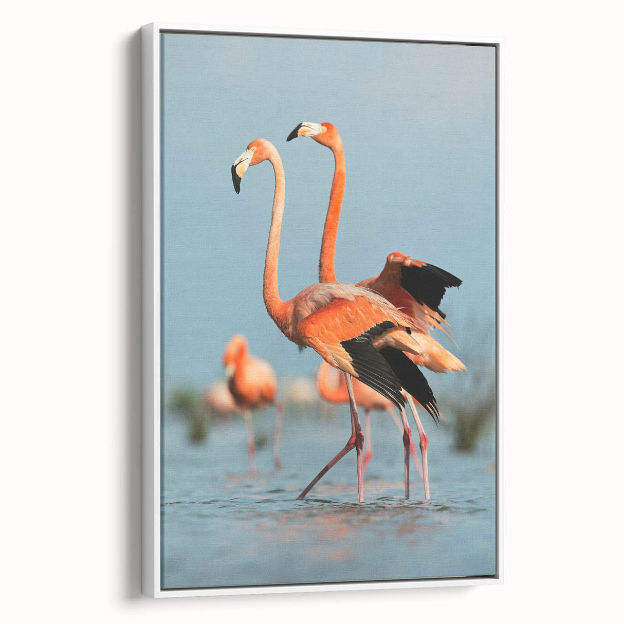 Framed canvas wall art featuring a vibrant flamingo design in shades of pink and white, displayed from the side against a minimalist backdrop, ideal for modern decor.