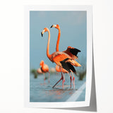 Flamingo-themed wall art print showcasing vibrant pink and green colors, rolled and ready for framing, perfect for adding tropical decor to any space.
