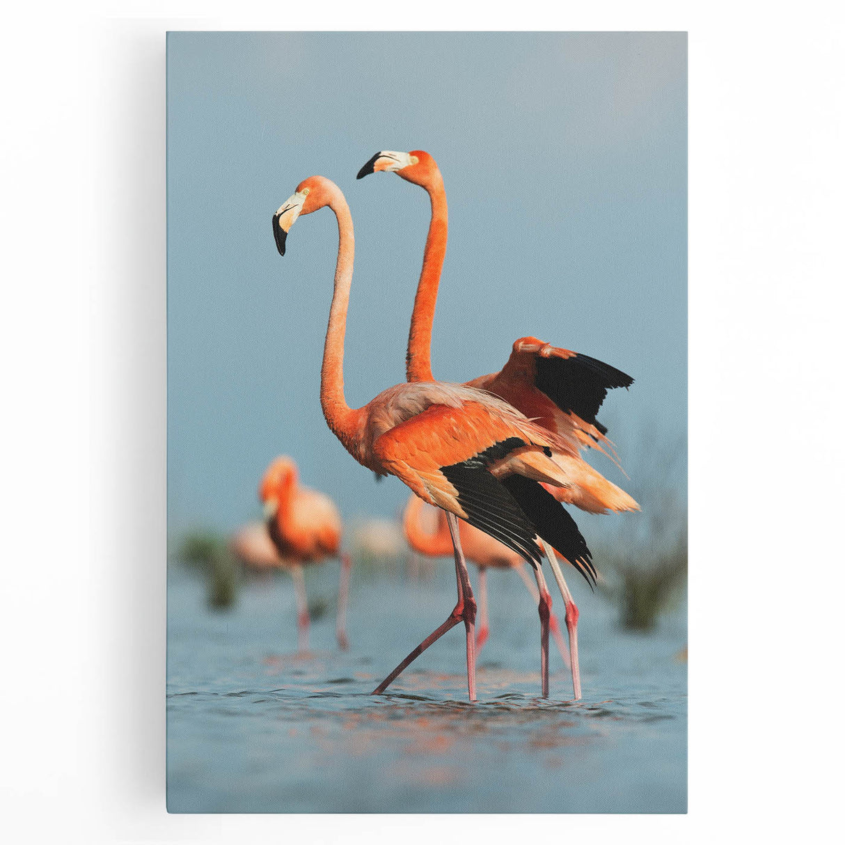 Vibrant flamingo wall art design on stretched canvas featuring pink and green hues, perfect for tropical-themed decor in living spaces or offices.