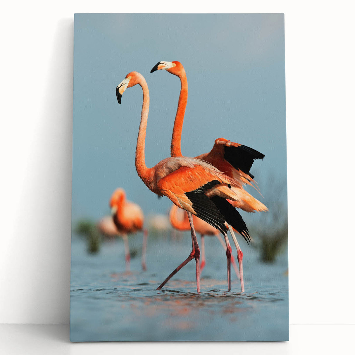 Vibrant flamingo-themed wall art on a stretched canvas, showcasing tropical colors and graceful bird illustrations, perfect for brightening home decor.