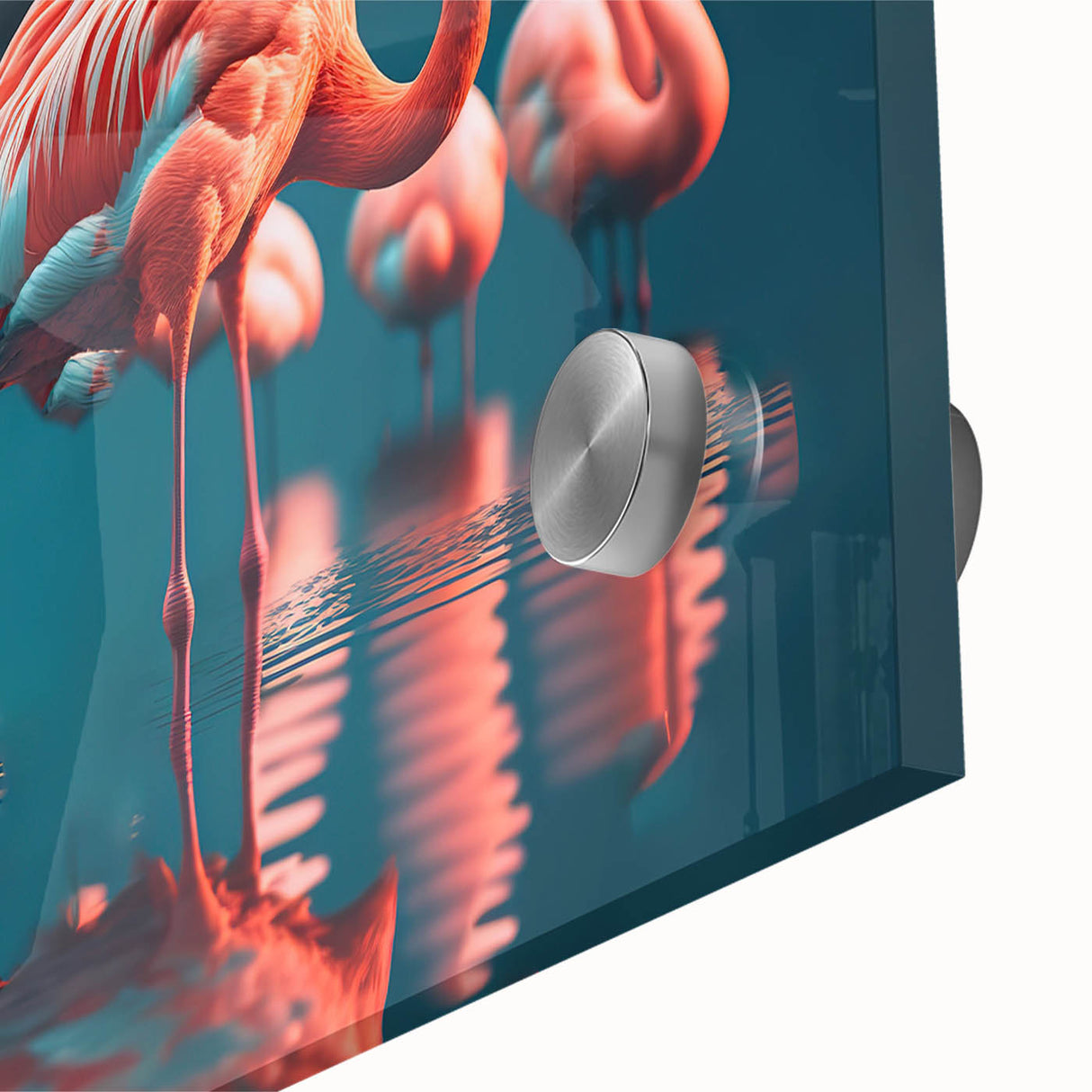 Close-up of a vibrant flamingo wall art design printed on acrylic glass, showcasing intricate details and vivid colors, perfect for modern home decor.