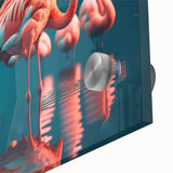 Close-up of a vibrant flamingo wall art design printed on acrylic glass, showcasing intricate details and vivid colors, perfect for modern home decor.