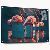 Vibrant flamingo wall art design displayed in acrylic glass, featuring a side view with pins for easy hanging, perfect for tropical-themed decor.