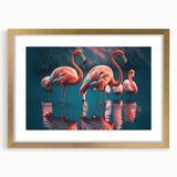 Framed wall art featuring a vibrant flamingo design, accented with gold details and a white mat, showcasing a modern aesthetic perfect for home decor.