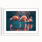 Framed wall art featuring a vibrant flamingo design, set in a sleek white frame with a mat, perfect for adding a tropical touch to home decor. Ideal for bird lovers and art enthusiasts.