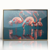 Framed wall art featuring a stylish flamingo design in vibrant pink and gold accents, elegantly displayed with a gold frame, perfect for modern decor.