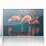Framed wall art featuring a vibrant flamingo design on acrylic, with a sleek white frame, perfect for adding a tropical touch to modern decor.