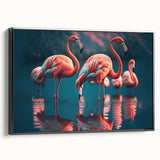Framed wall art featuring a vibrant flamingo design on textured canvas, showcased from the side with a sleek black frame, perfect for modern decor.