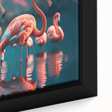 Close-up of a framed canvas wall art piece showcasing vibrant flamingos in an artistic design, featuring soft pink hues against a neutral background, perfect for home decor.