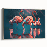 Framed canvas wall art featuring a stylish flamingo design, elegantly displayed with a sleek silver frame, perfect for enhancing modern home decor aesthetics. This vibrant artwork adds a touch of tropical elegance to any living space.