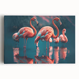 Flamingo-themed stretched canvas wall art featuring vibrant pink and green colors, showcasing a tropical design perfect for home decor. Ideal for nature lovers.