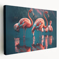 Flamingo wall art collection displayed on stretched canvas, showcasing vibrant pink flamingos against a serene blue background, perfect for tropical-themed decor.