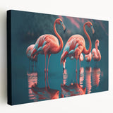 Flamingo wall art collection displayed on stretched canvas, showcasing vibrant pink flamingos against a serene blue background, perfect for tropical-themed decor.