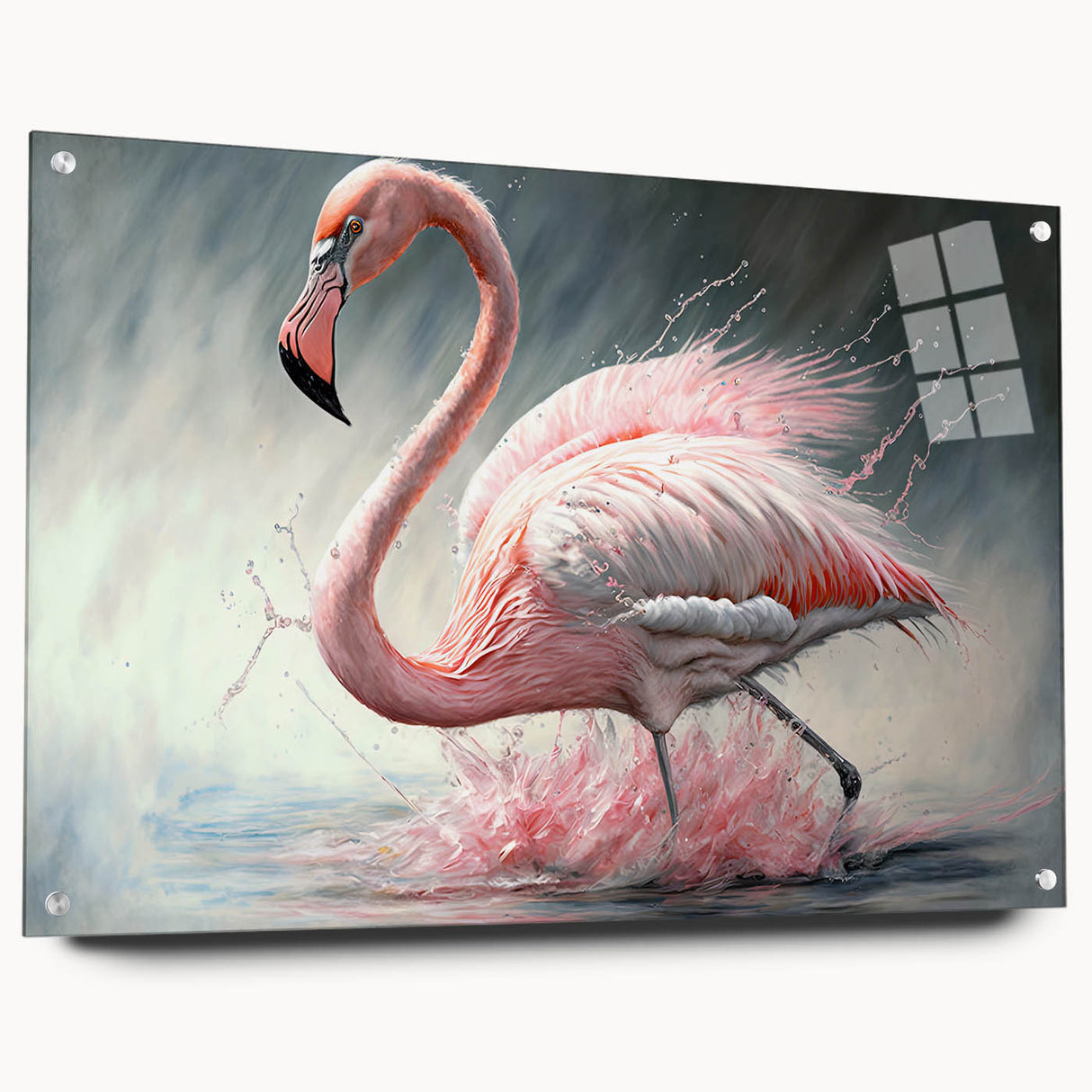 Acrylic glass wall art featuring a vibrant flamingo design, displayed in a side view with decorative pins, perfect for modern home decor and tropical-themed interiors.