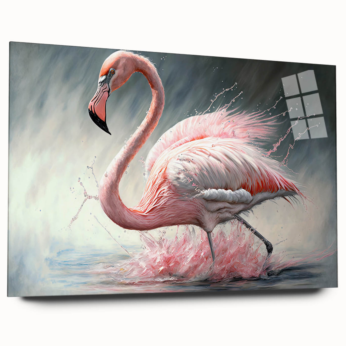 Flamingo-themed wall art collection displayed in a side view, showcasing vibrant pink and orange colors on acrylic glass, perfect for modern decor.